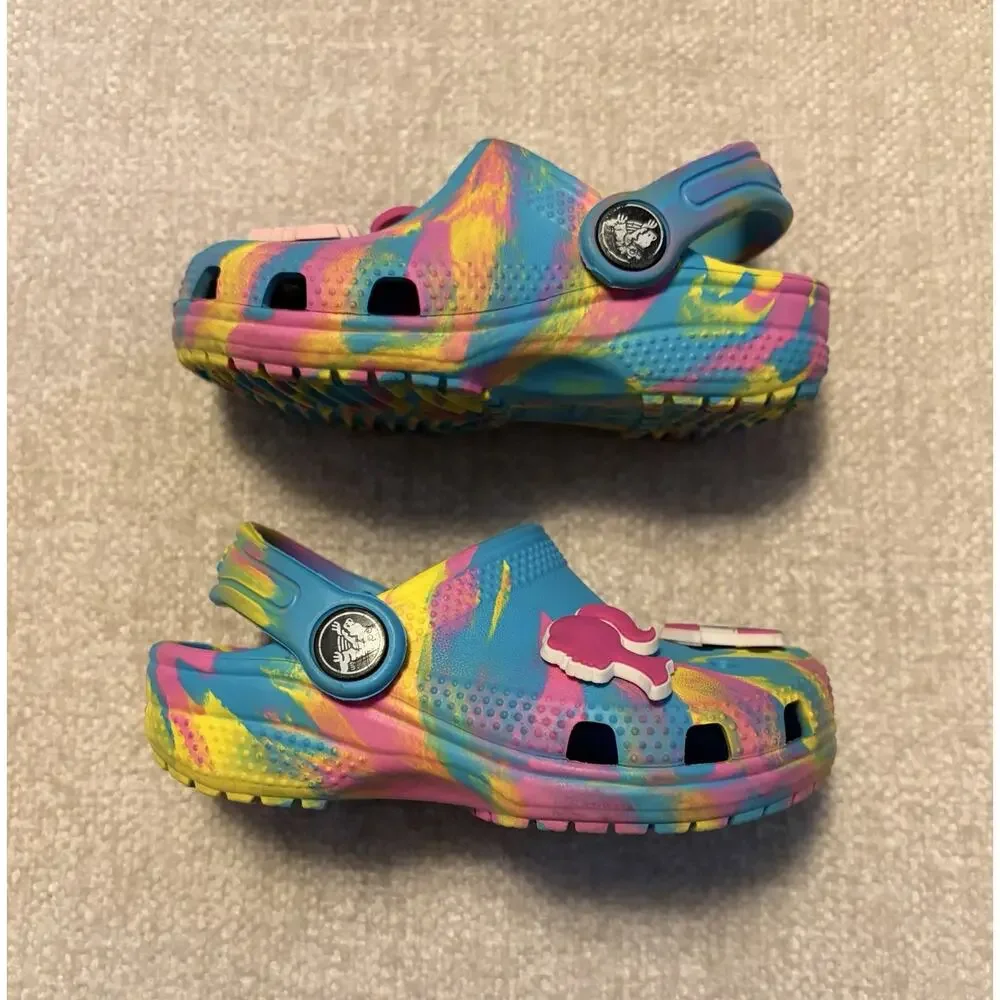 Crocs Classic Clogs Marbled Tie Dye Blue Pink Yellow Toddler C8 Barbie Jibbitz
